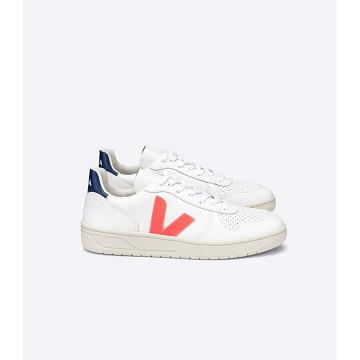 Veja V-10 LEATHER Sneakers Dames White/Orange/Blue | BE 646JPQ